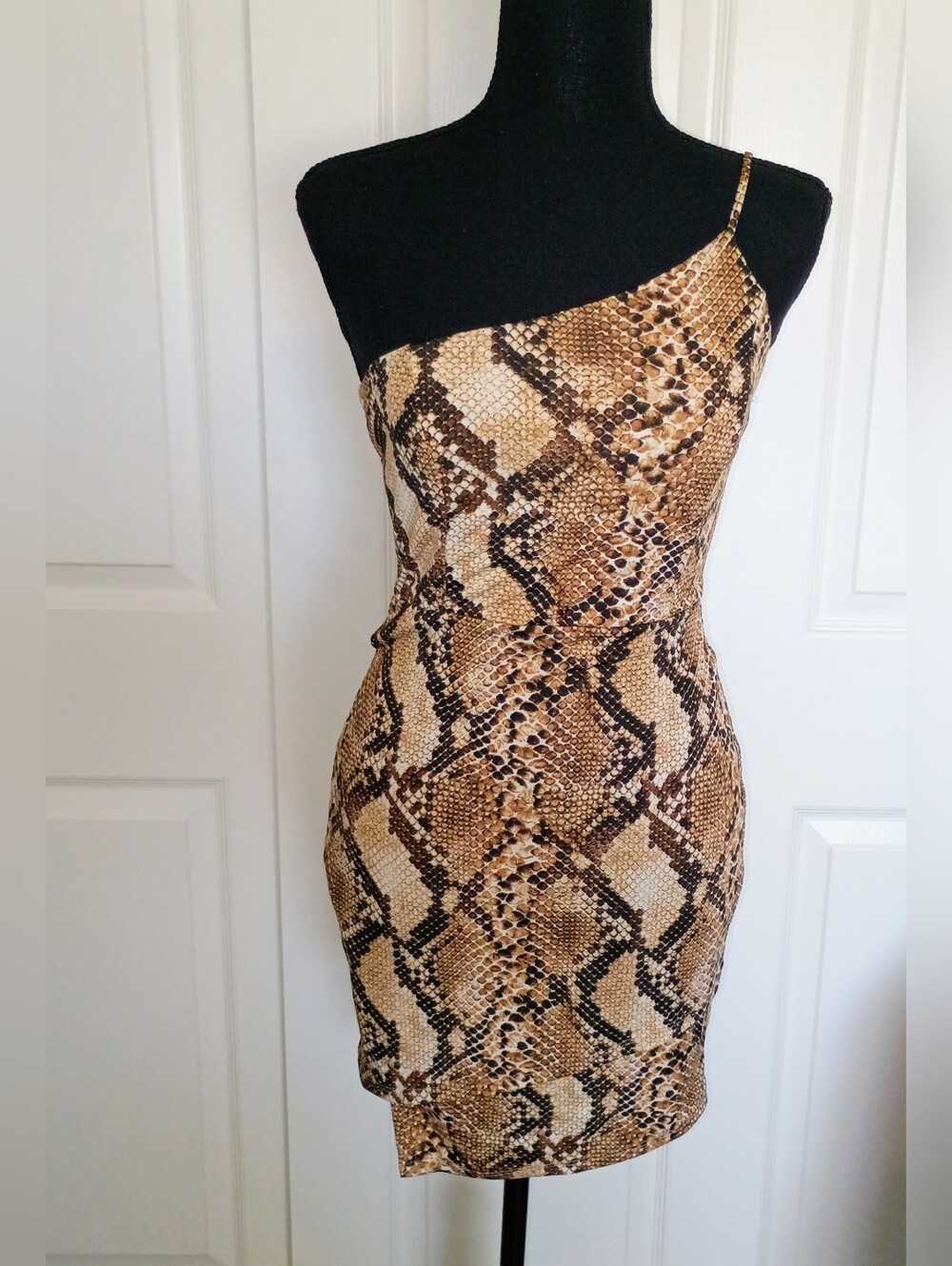 Blue Blush One-Shoulder  Snakeskin Mini Dress - Brown, Black
